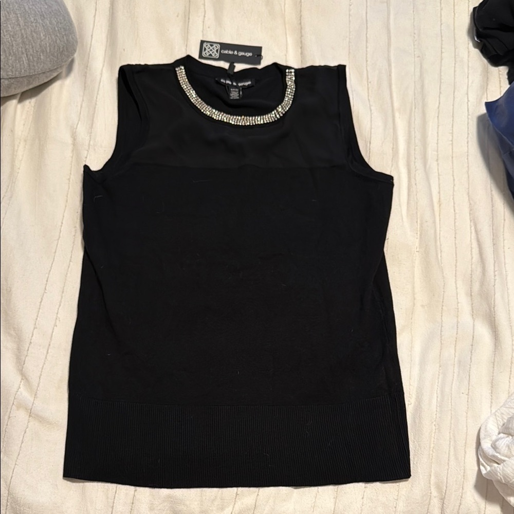 Black Sleeveless Top with Embellished Neckline